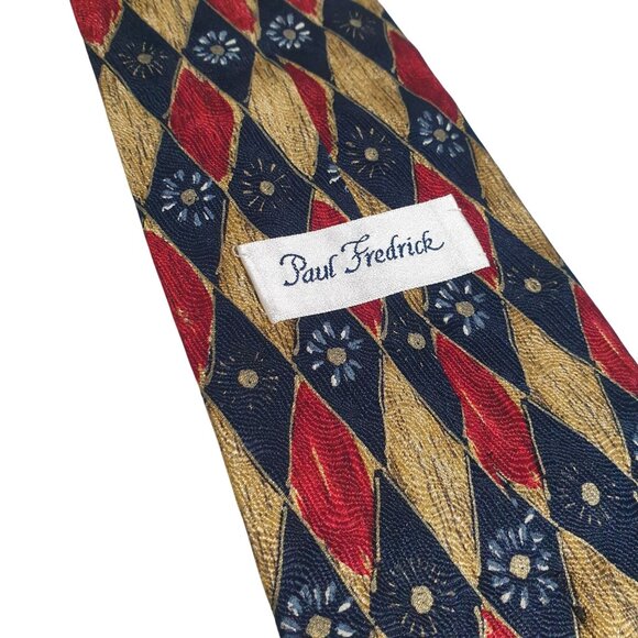 Paul Fredrick Silk Tie Harlequin Red Gold Blue Diamond Daisies Handmade Italy - Picture 4 of 5